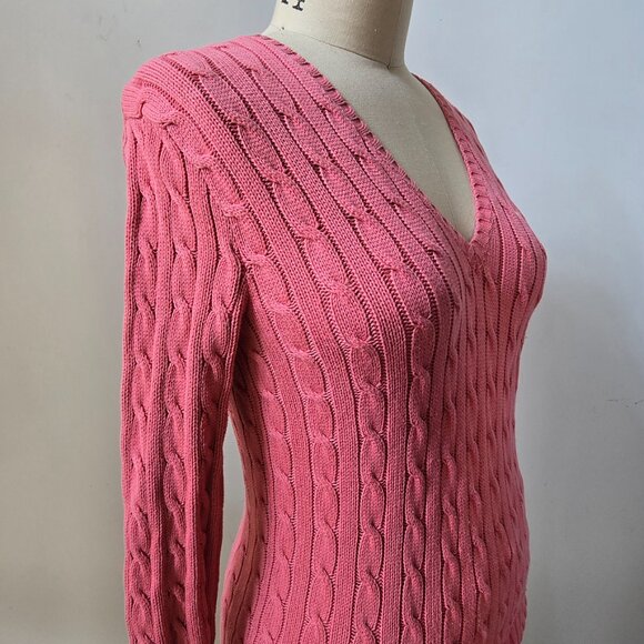 Vintage Y2K Polo Ralph Lauren Sport Pink Cable Knit V-Neck Cotton Sweater Size L - Picture 2 of 5